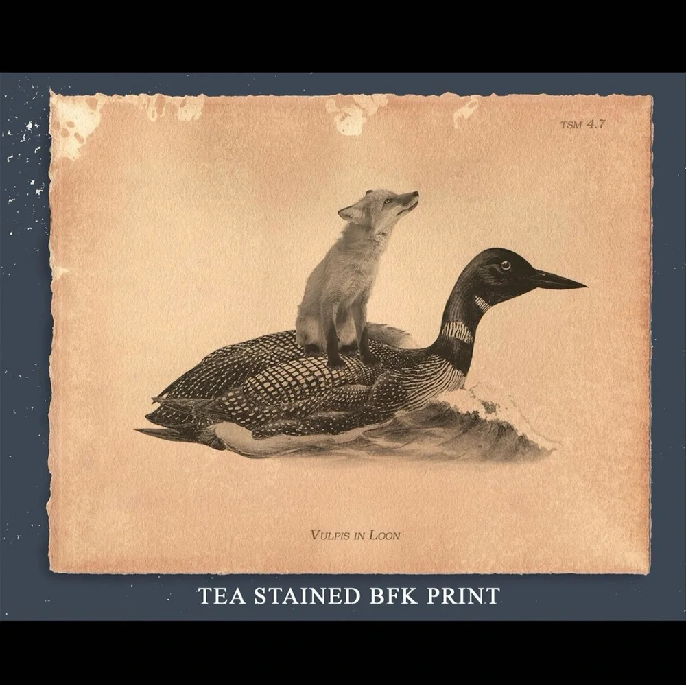 Fox Riding Loon Print Vtg Style Art Print Tea-Stained Paper Whimsical Art Gift